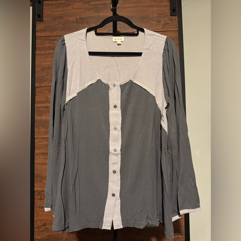 POL Iron Gray Button-Up Top